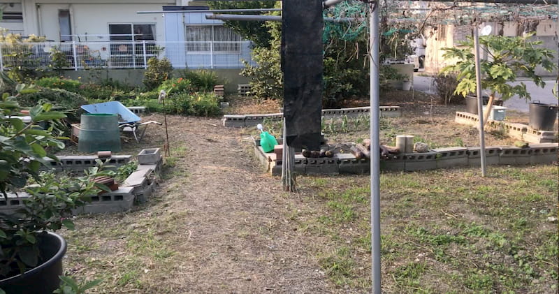 草が生い茂り、草刈りを必要としている畑を綺麗に刈った後の様子